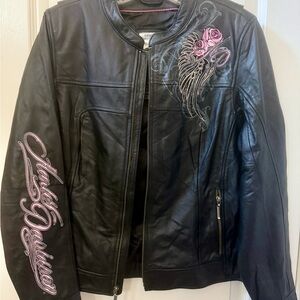 Harley-Davidson Women's Black Leather Jacket with Pink Embroidered Details